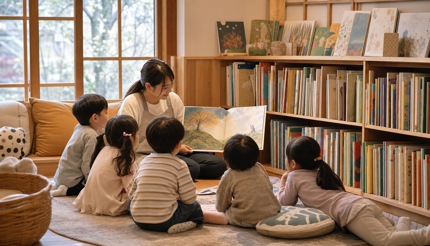 本棚と読み聞かせのある絵本コーナー
