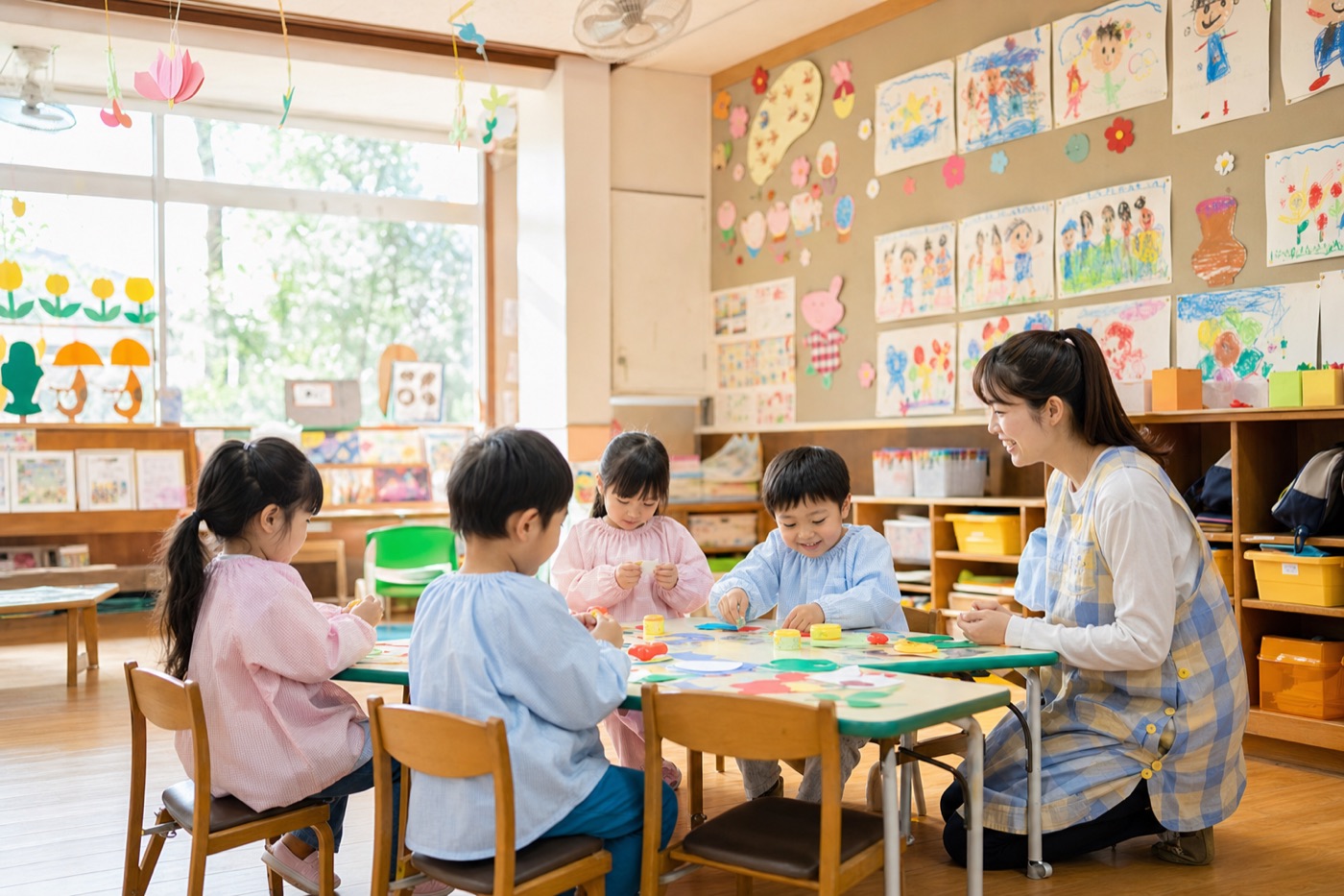 子どもの作品が飾られた保育室