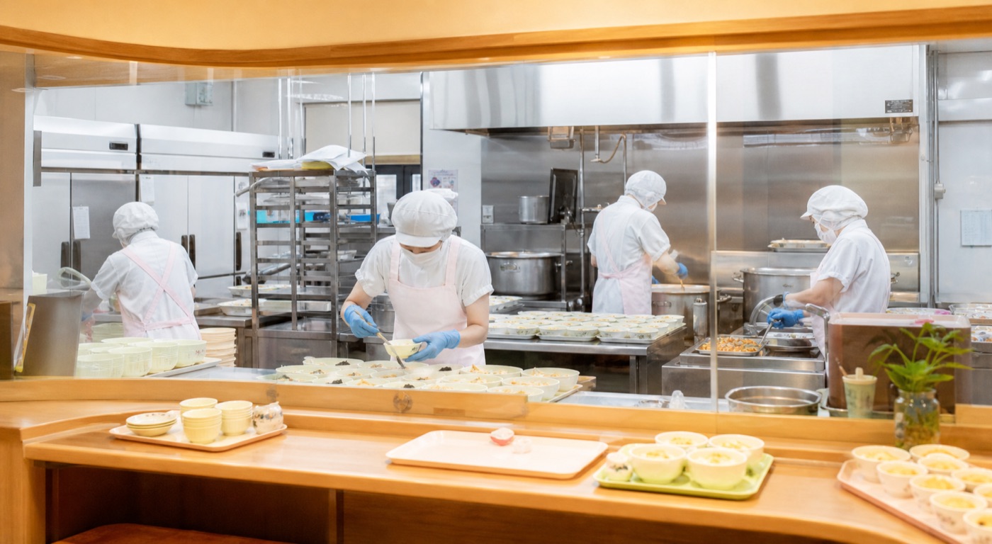 調理の様子が見える給食室
