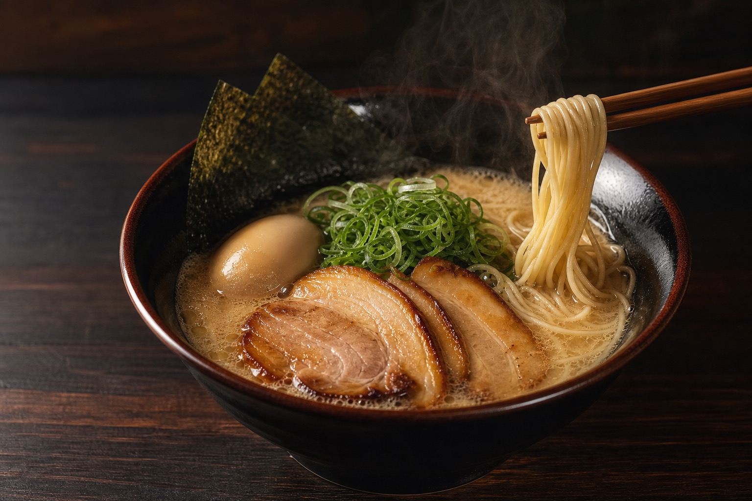 湯気の立つ濃厚豚骨醤油ラーメン