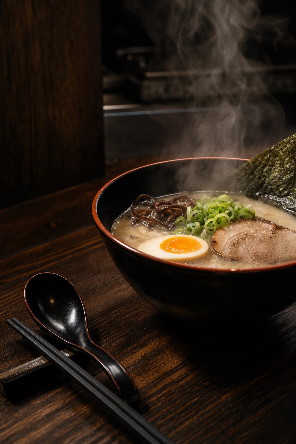 湯気の立つ熱いラーメン