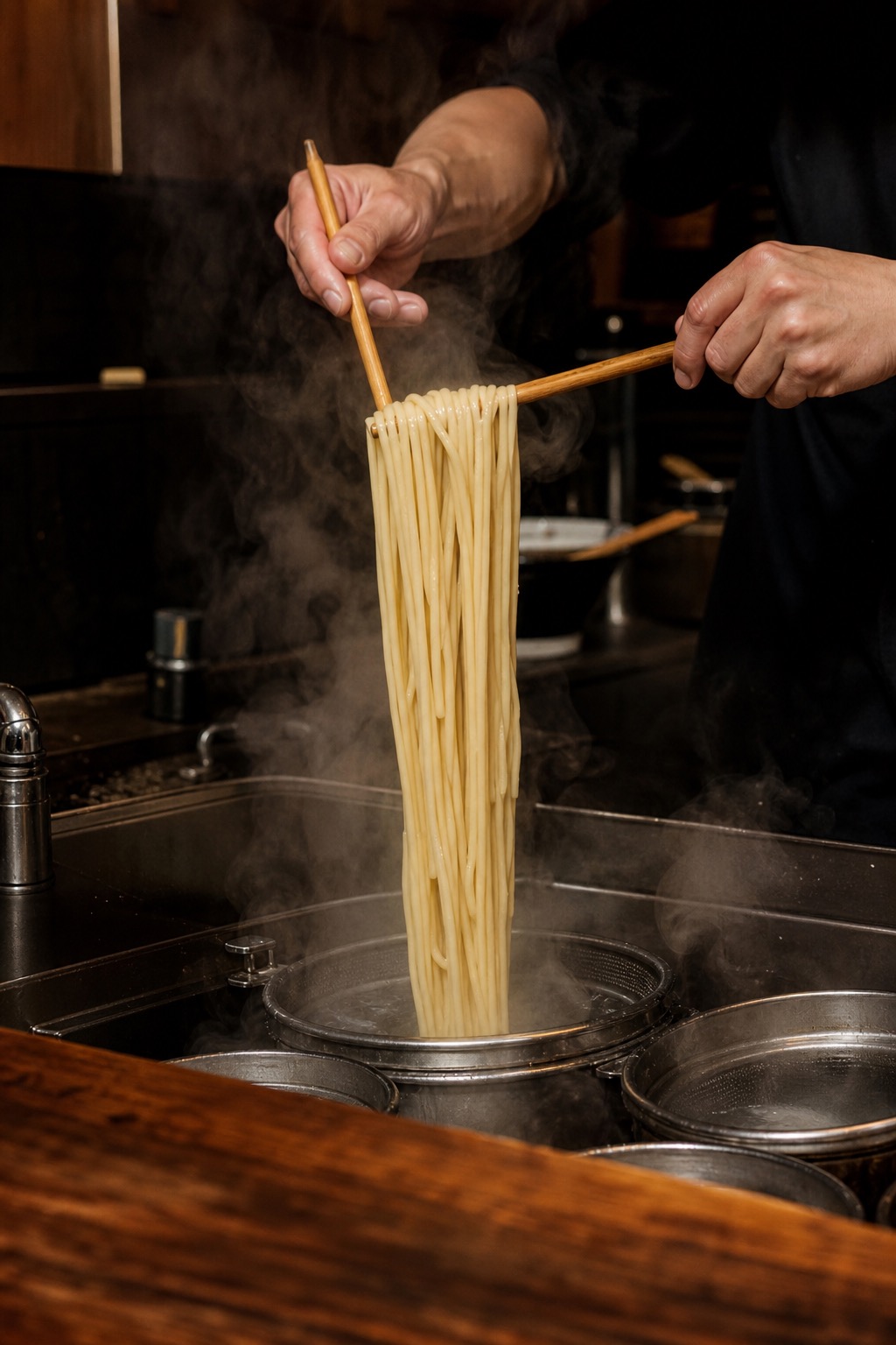 麺を持ち上げる仕込みの様子